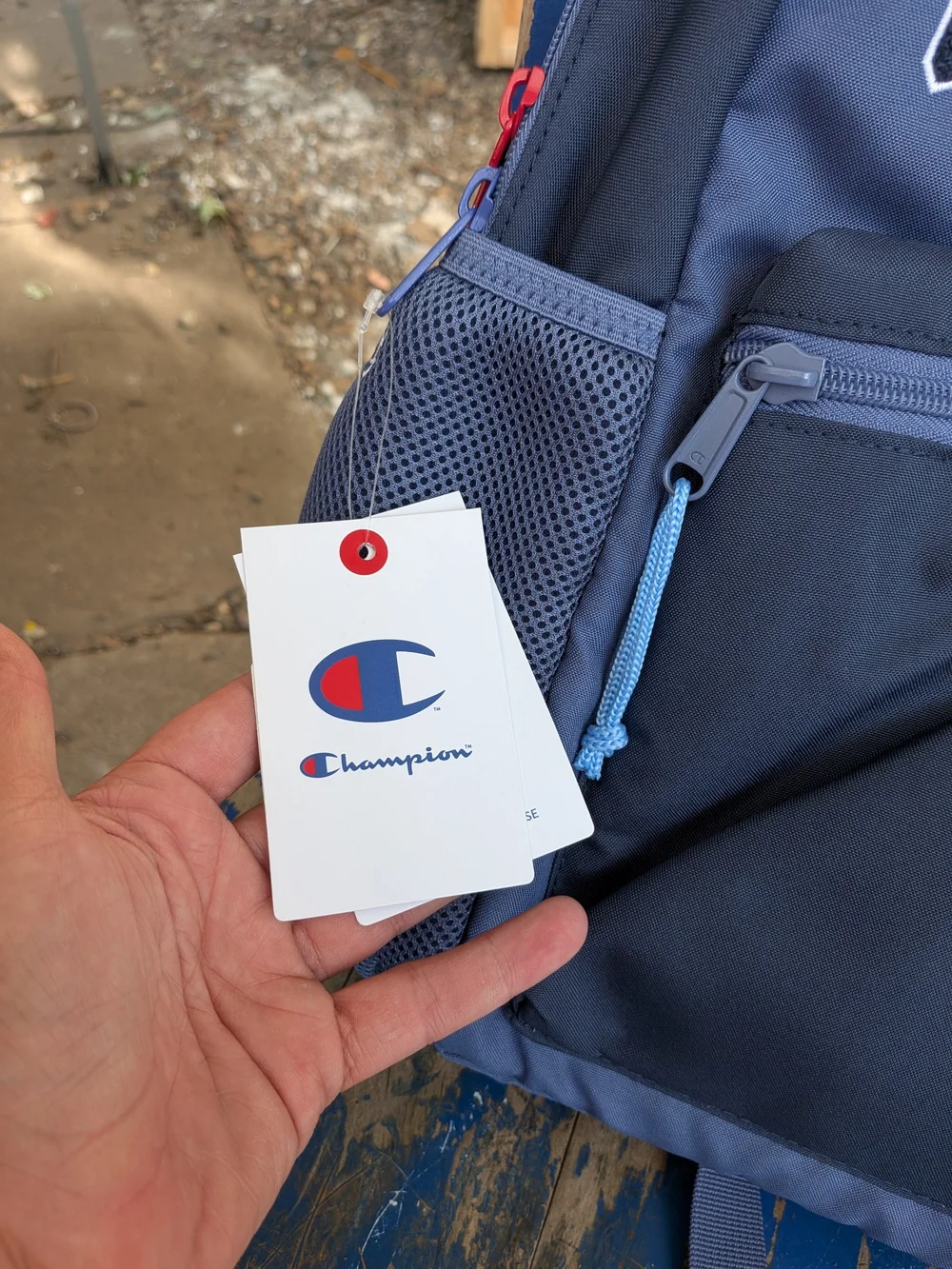 Champion Navy Blue Backpack with Multicolor Logo and Matching Pouch